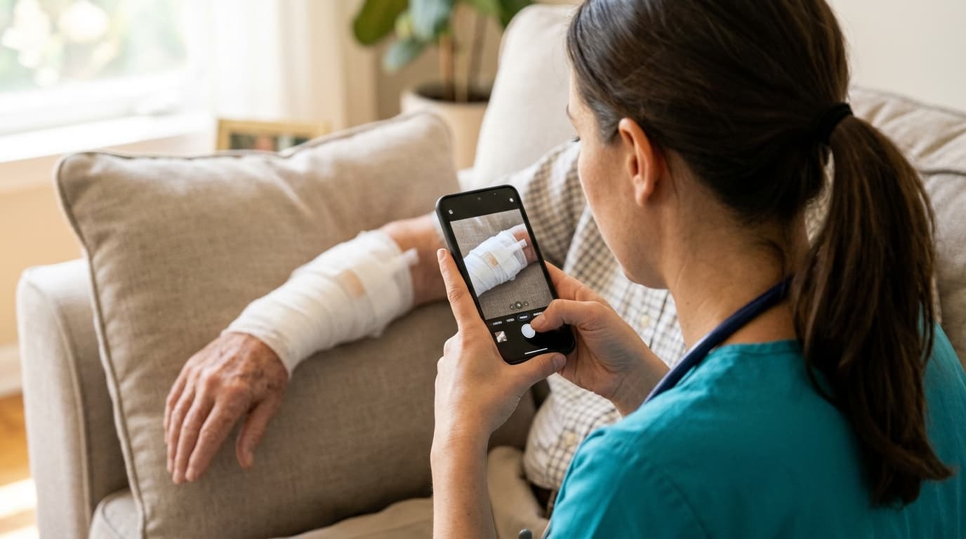 Clinical nurse taking a smartphone photo of an arm wound dressing with live assessment card overlay